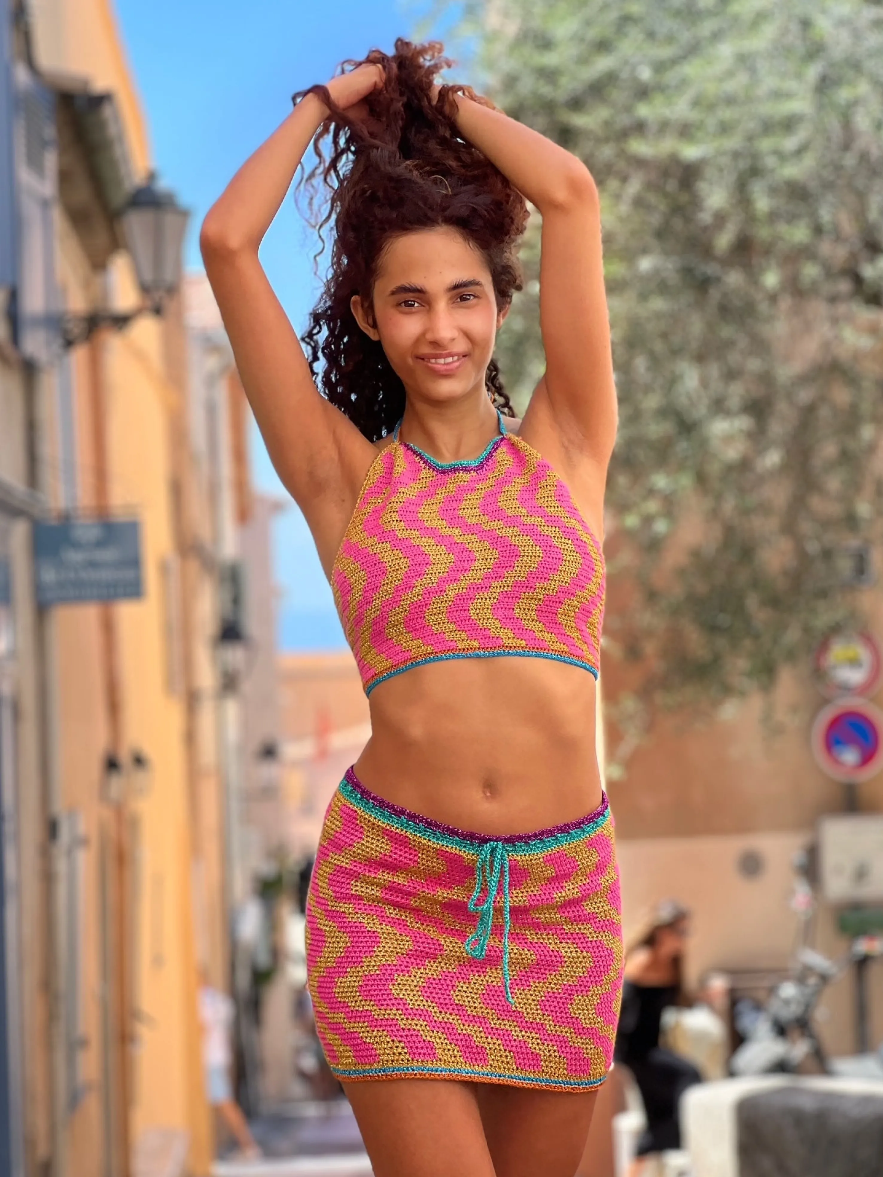 Rose Carmine Tops-HALTER TOP ZIGZAG PINK