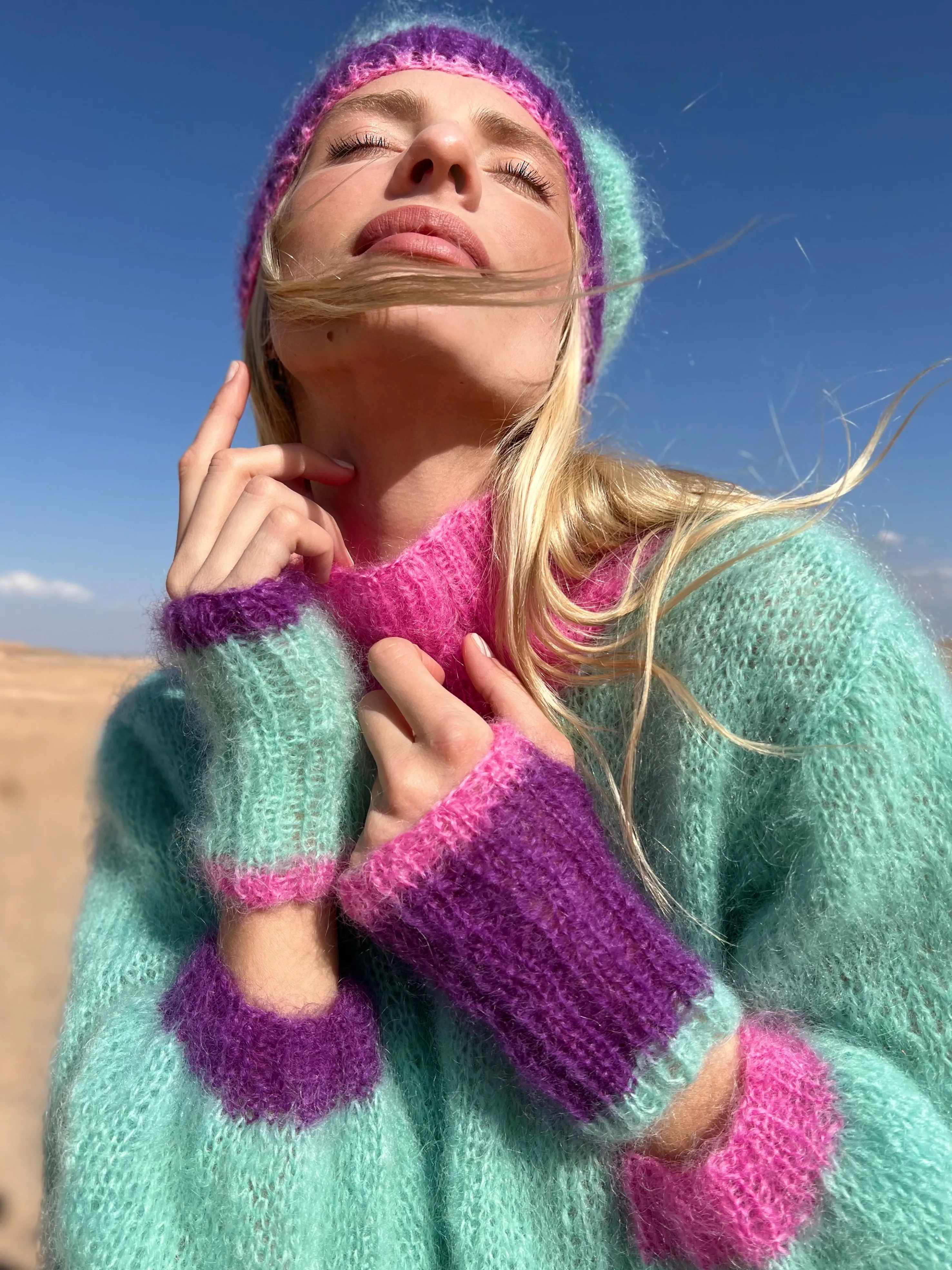 Rose Carmine Accessories-HAT & MITTENS COLORBLOCK AQUA