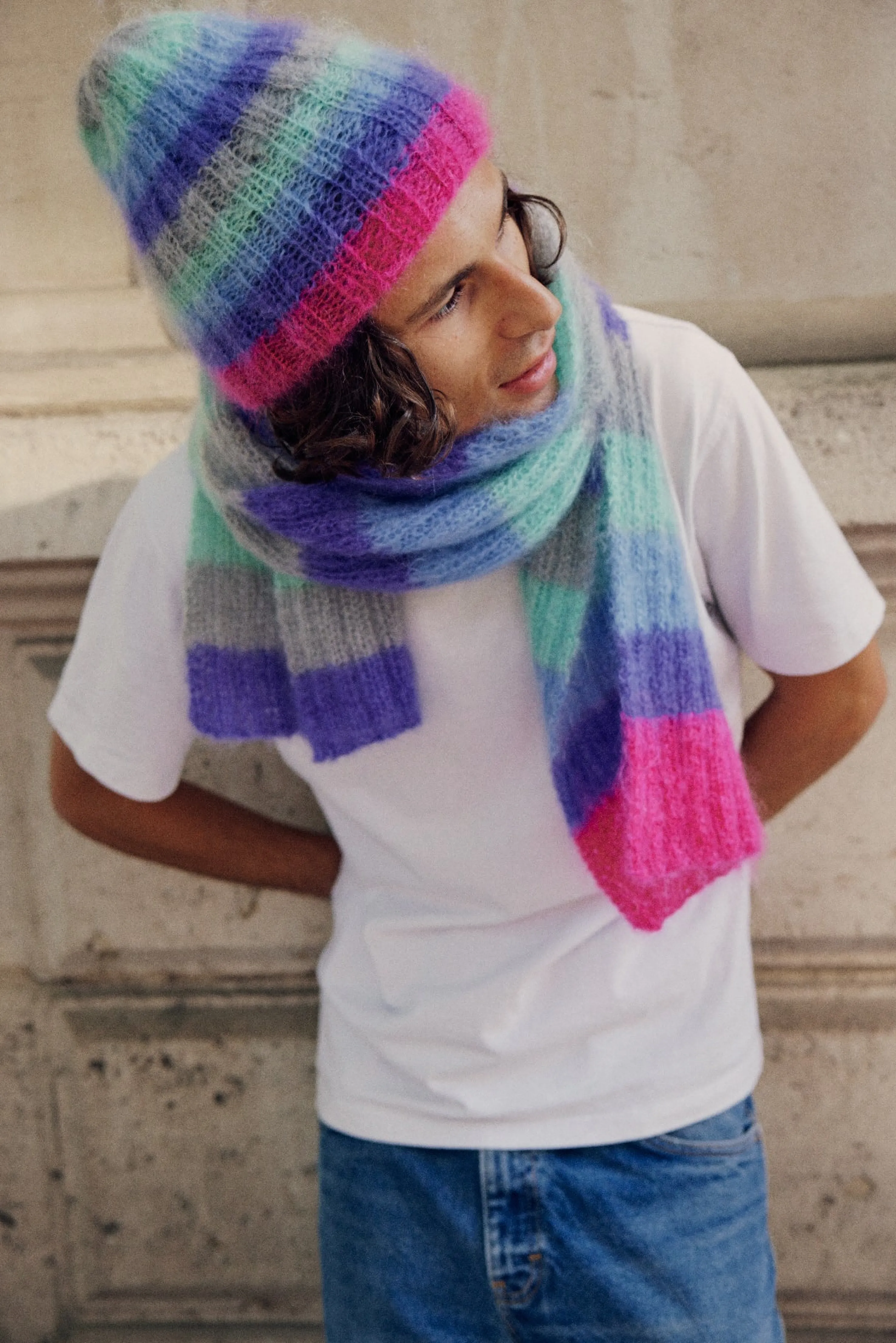 Rose Carmine Accessories-HAT & SCARF STRIPES  GREY