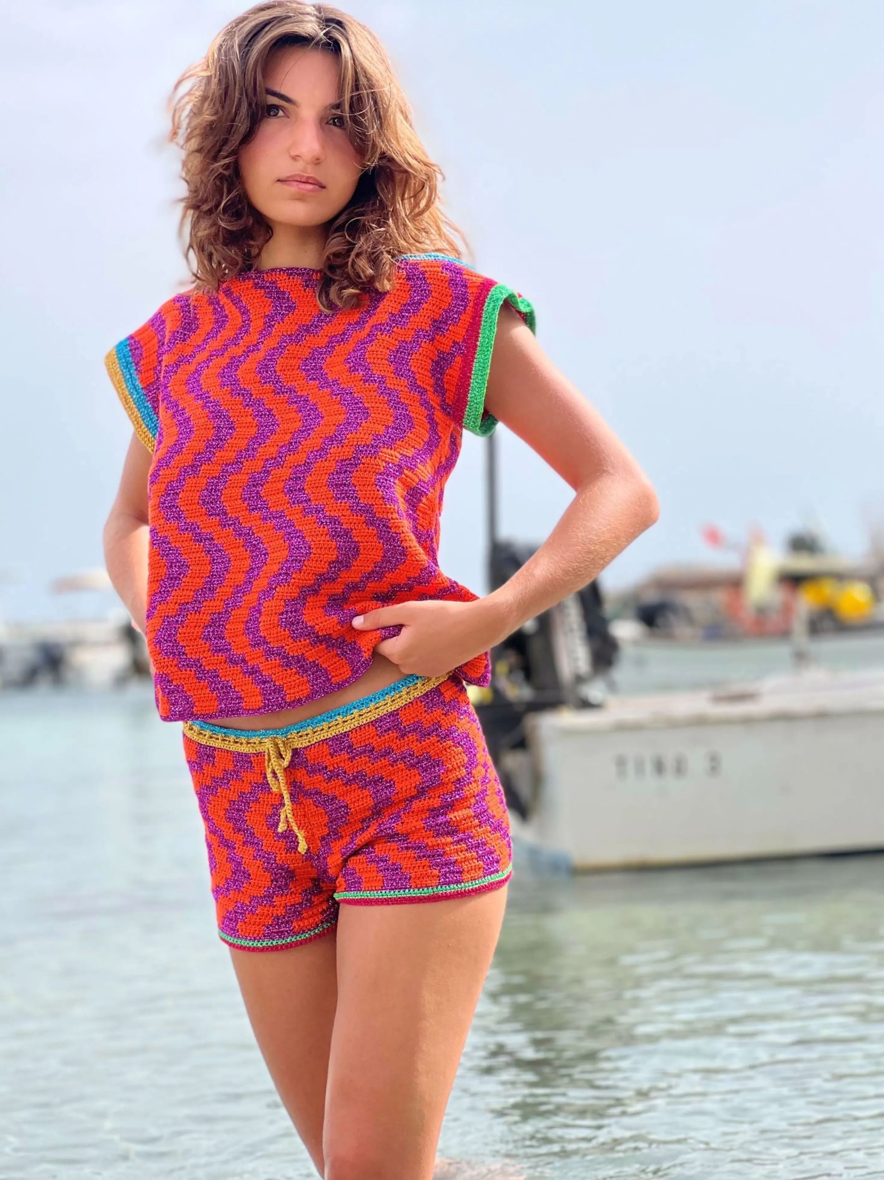 Rose Carmine Tops-TOP ZIGZAG ORANGE