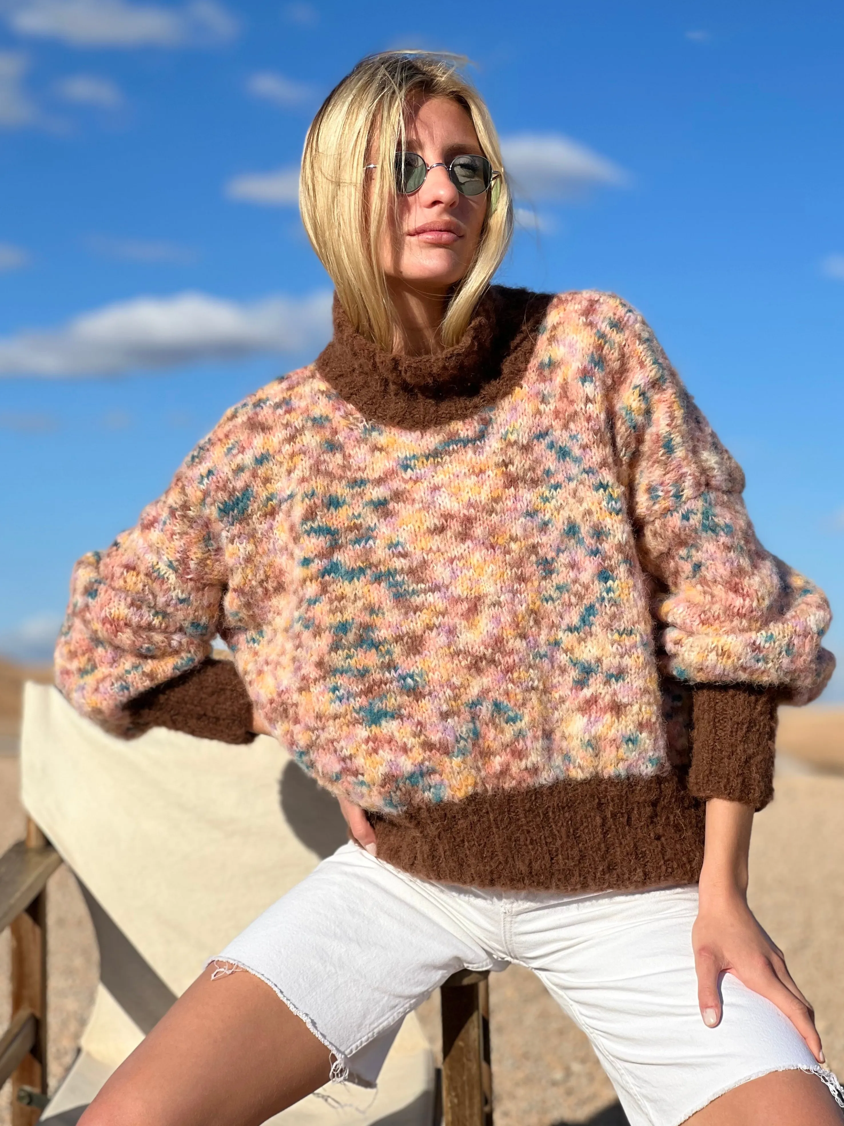 Rose Carmine Iconics|Sweaters-SWEATER H-NECK OVERSIZE DOUDOU BICOLORE CHOCO