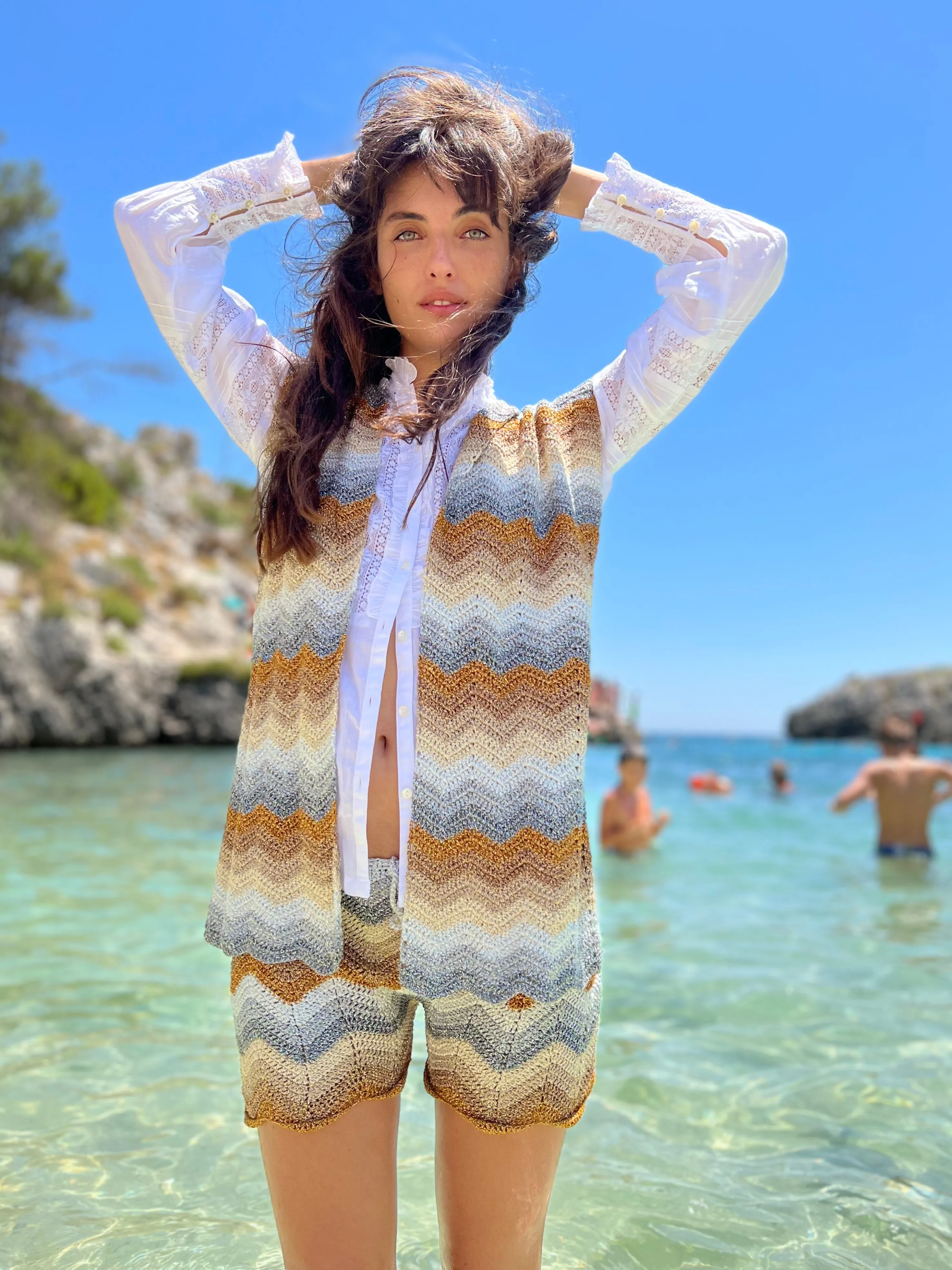 Rose Carmine Jackets-GOLD & SILVER WAVE LUREX LITTLE JACKET NO SLEEVES