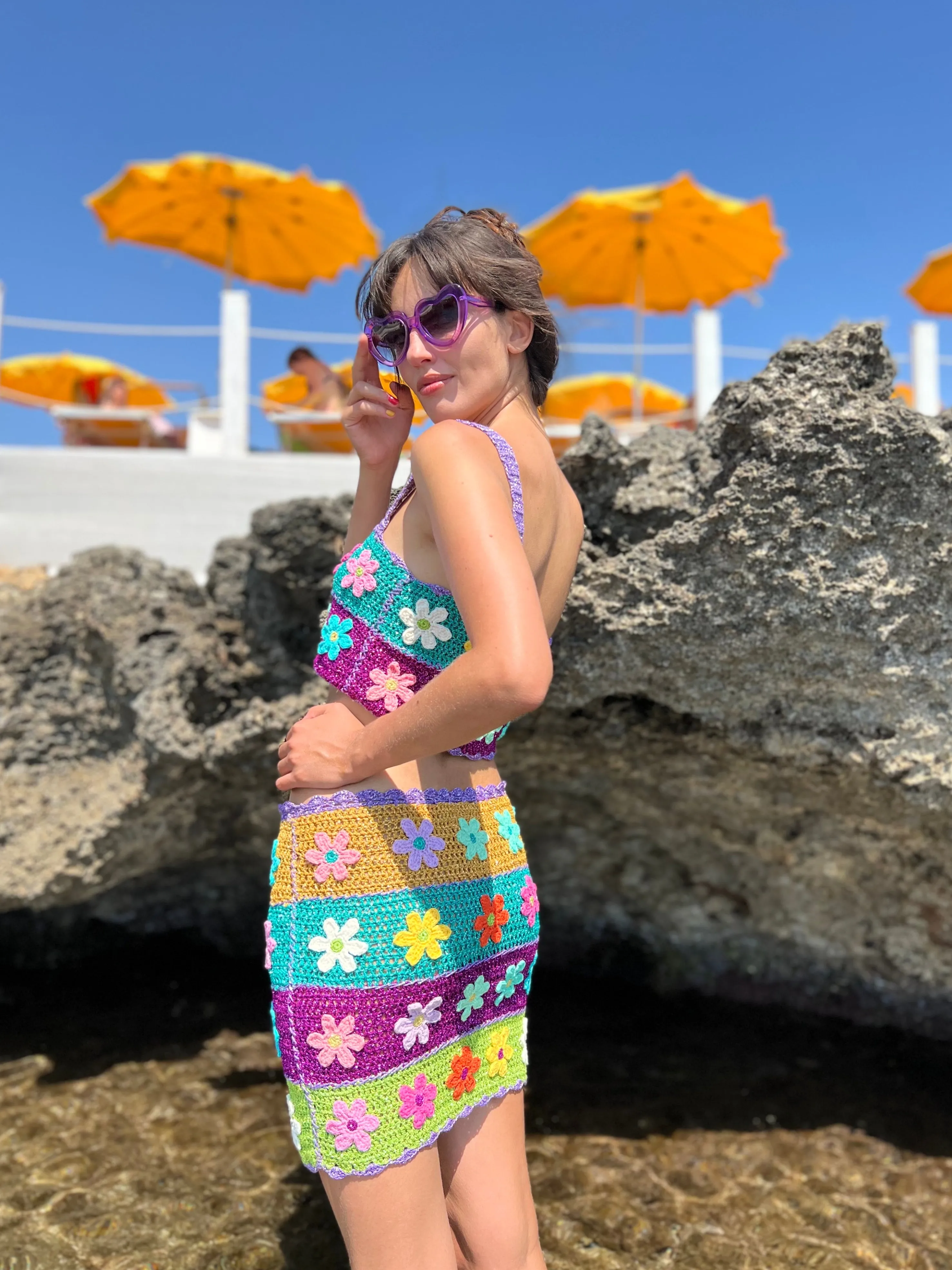 Rose Carmine Bottoms-STRIPES FLOWERS MINI SKIRT