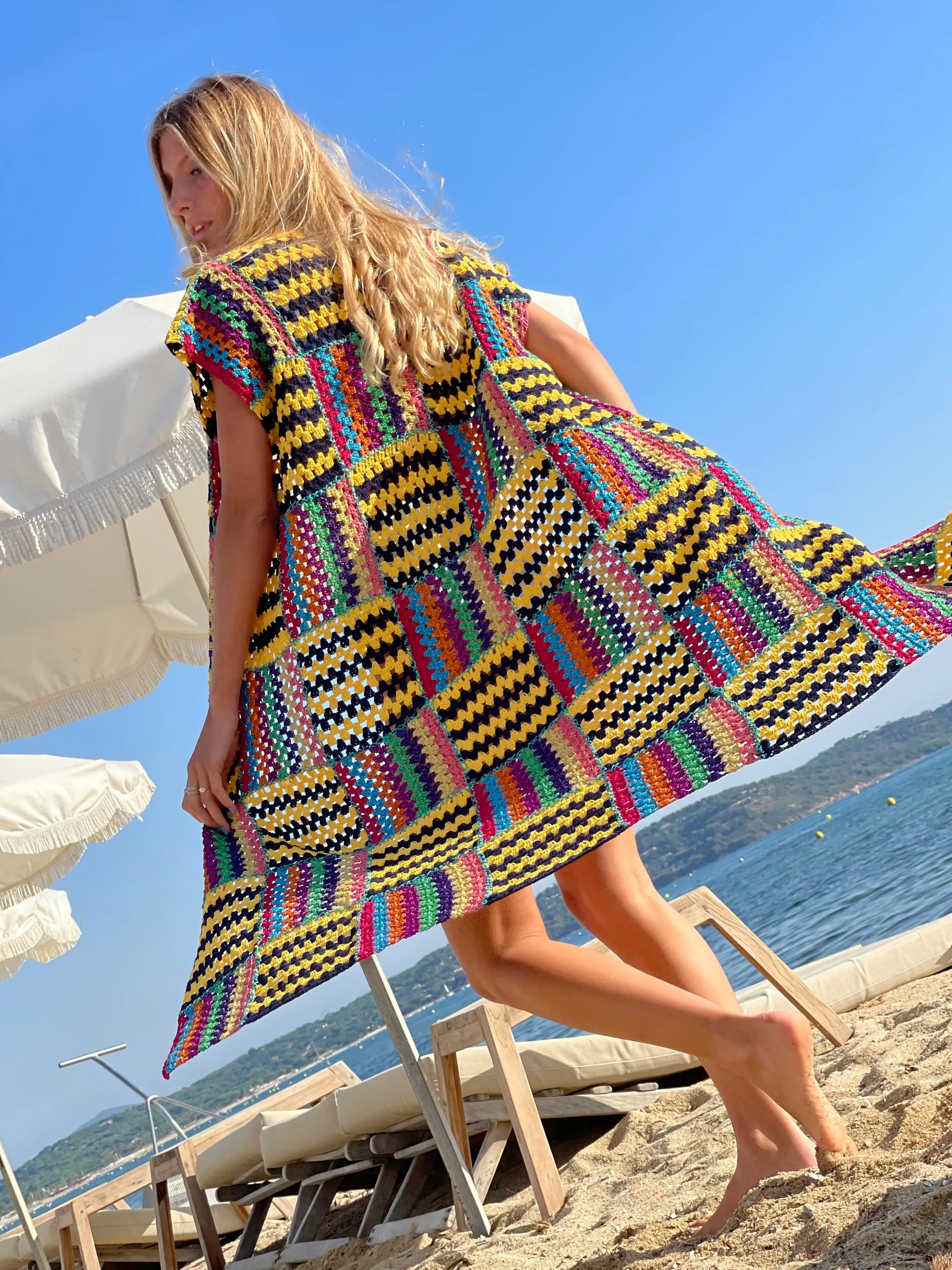 Rose Carmine Coats-NAVY / YELLOW RUBAN COAT NO SLEEVES