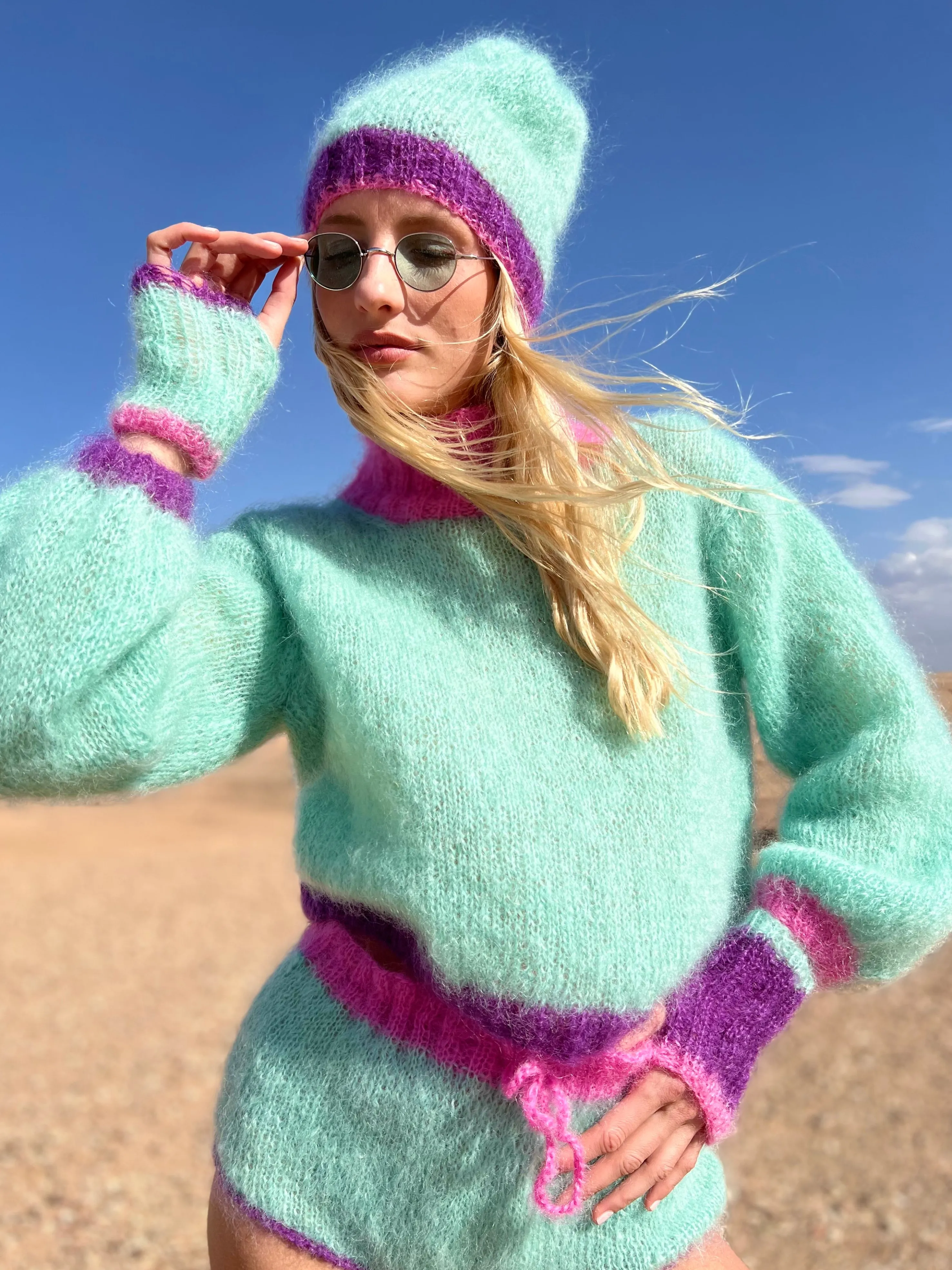 Rose Carmine Sweaters-SWEATER HIGHNECK COLORBLOCK AQUA