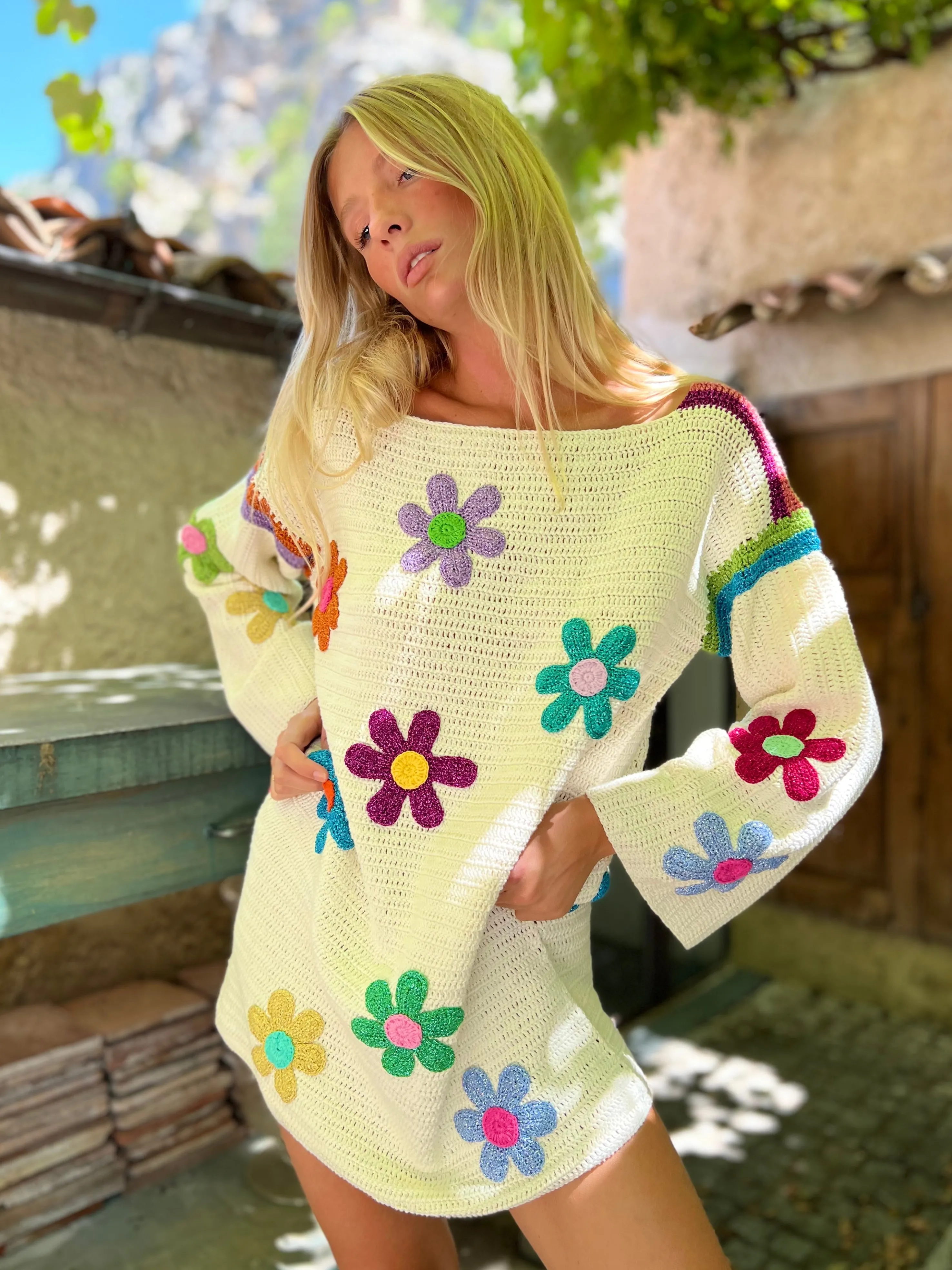 Rose Carmine Iconics|Dresses-DRESS SLEEVES FREE FLOWERS ECRU