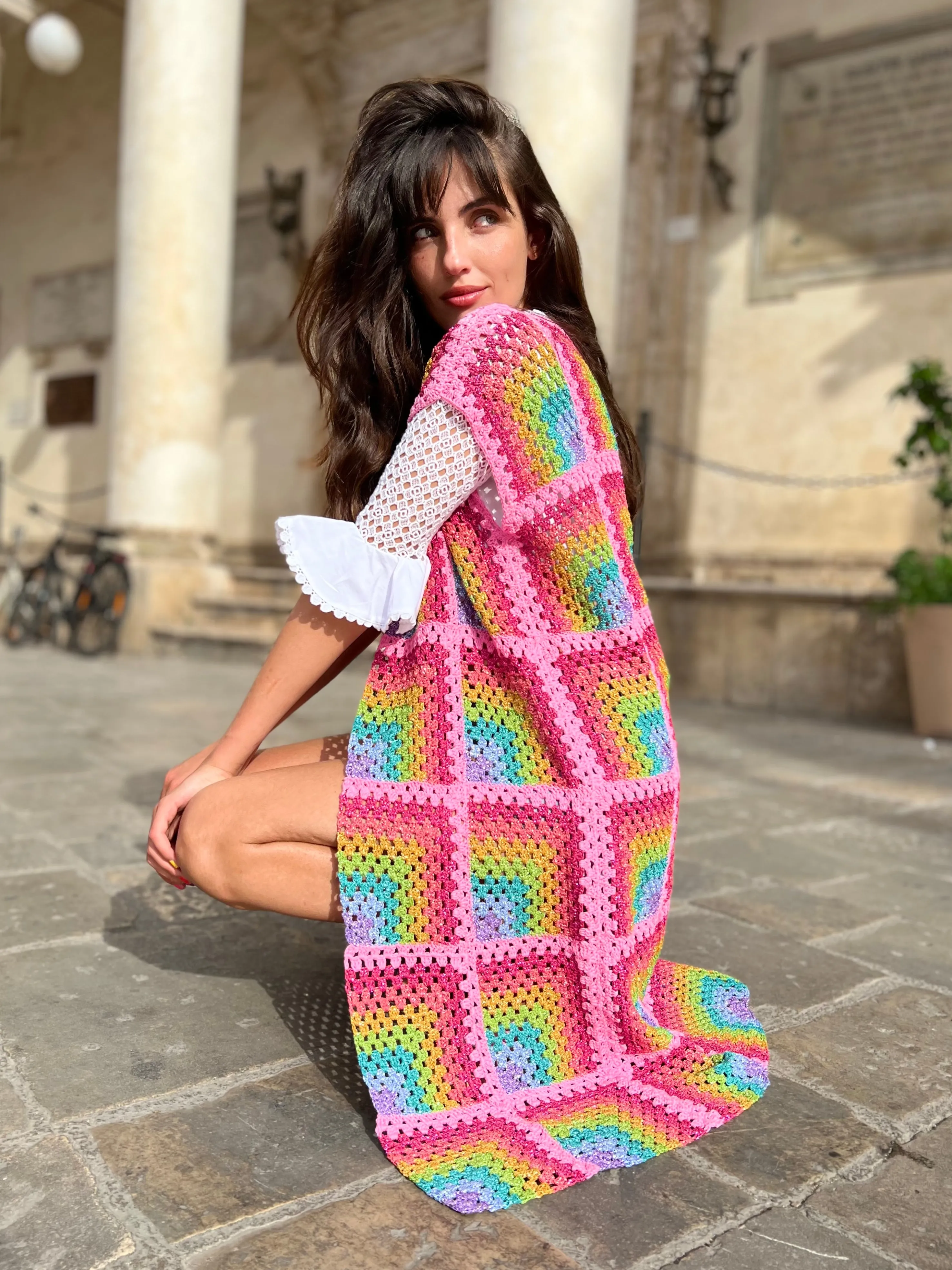 Rose Carmine Coats-PINK RAINBOW COAT NO SLEEVES