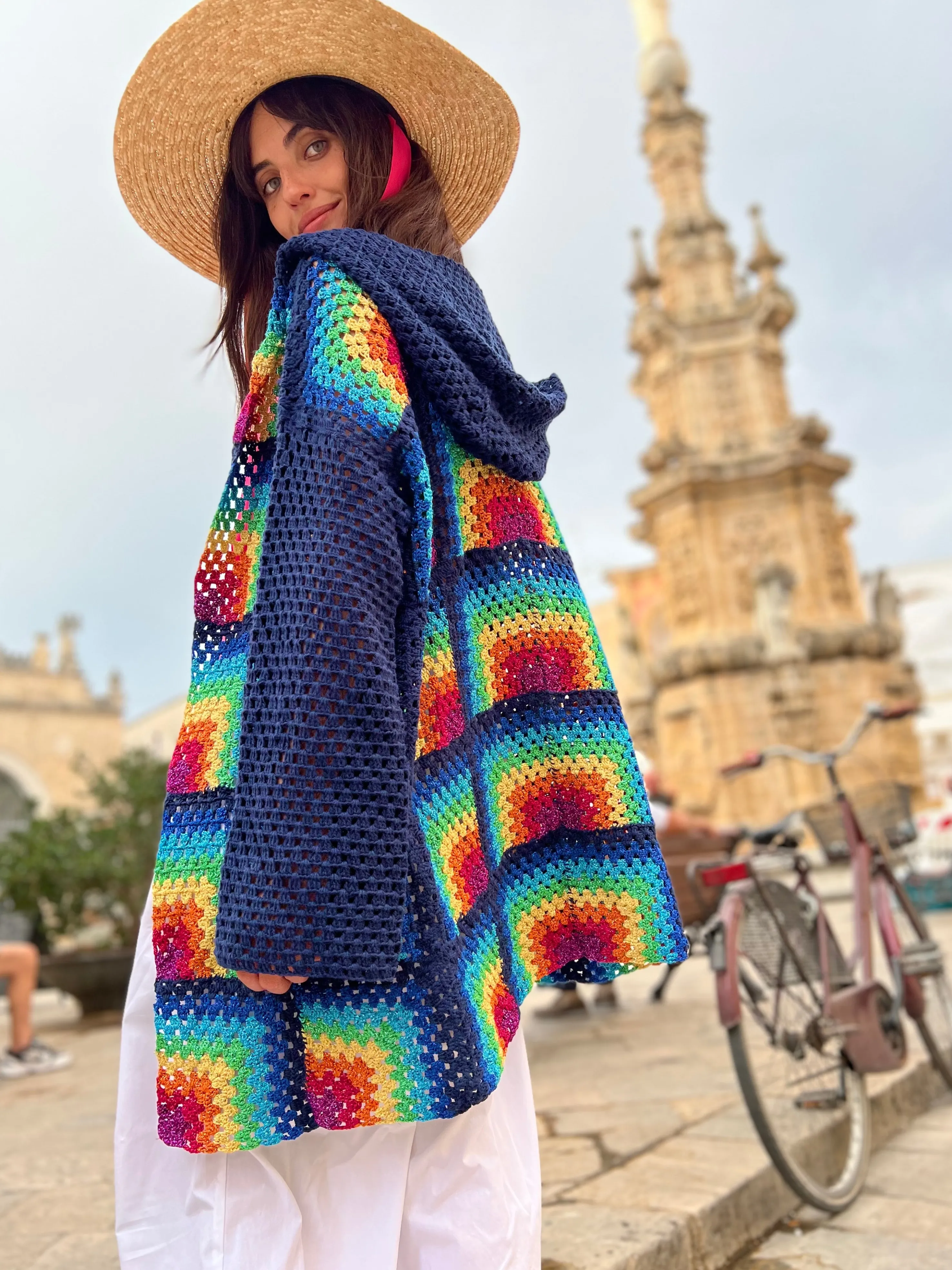 Rose Carmine Jackets-NAVY RAINBOW HOODIE LONG JACKET