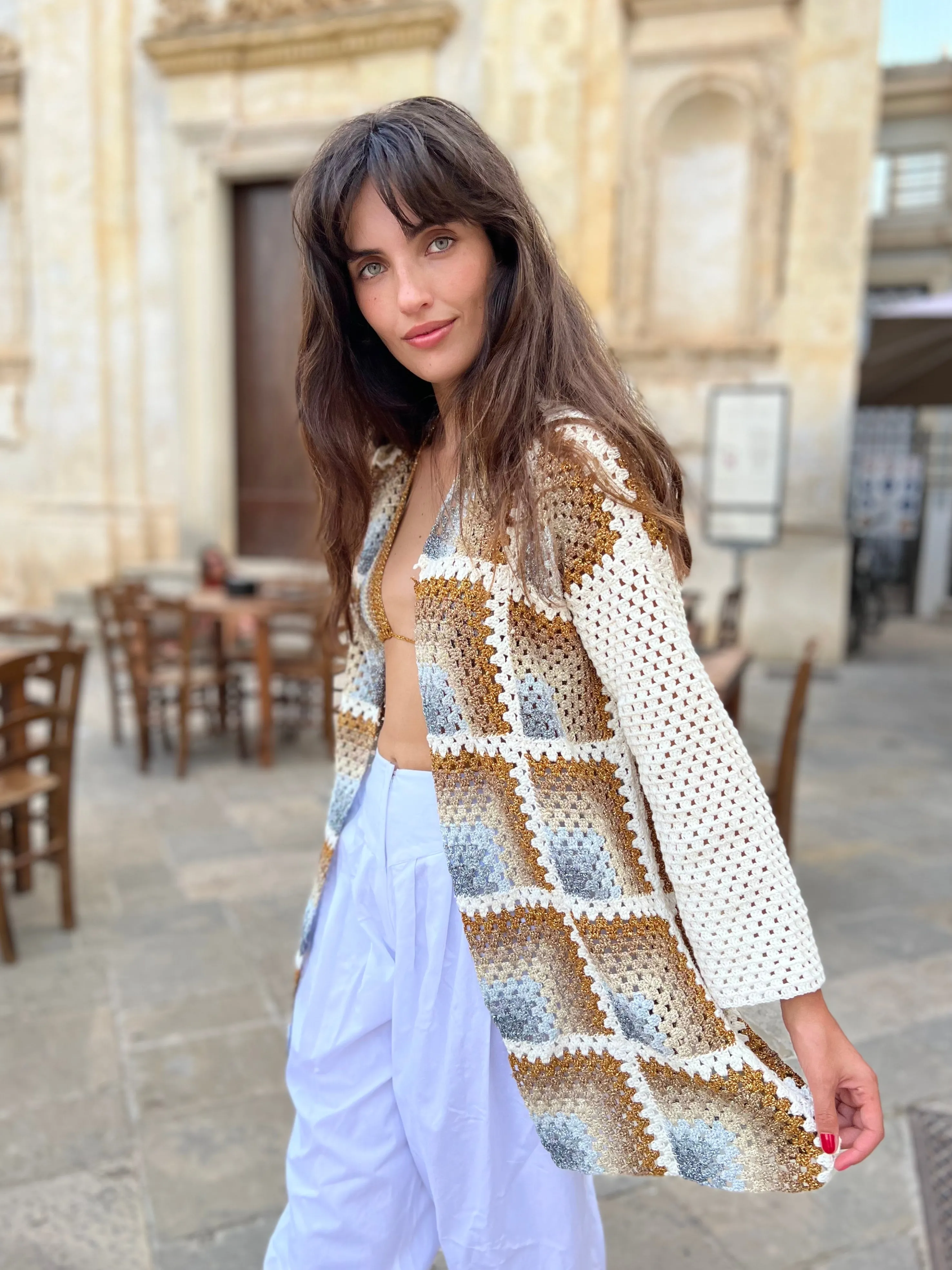 Rose Carmine Jackets-GOLD & SILVER RAINBOW HOODIE LONG JACKET