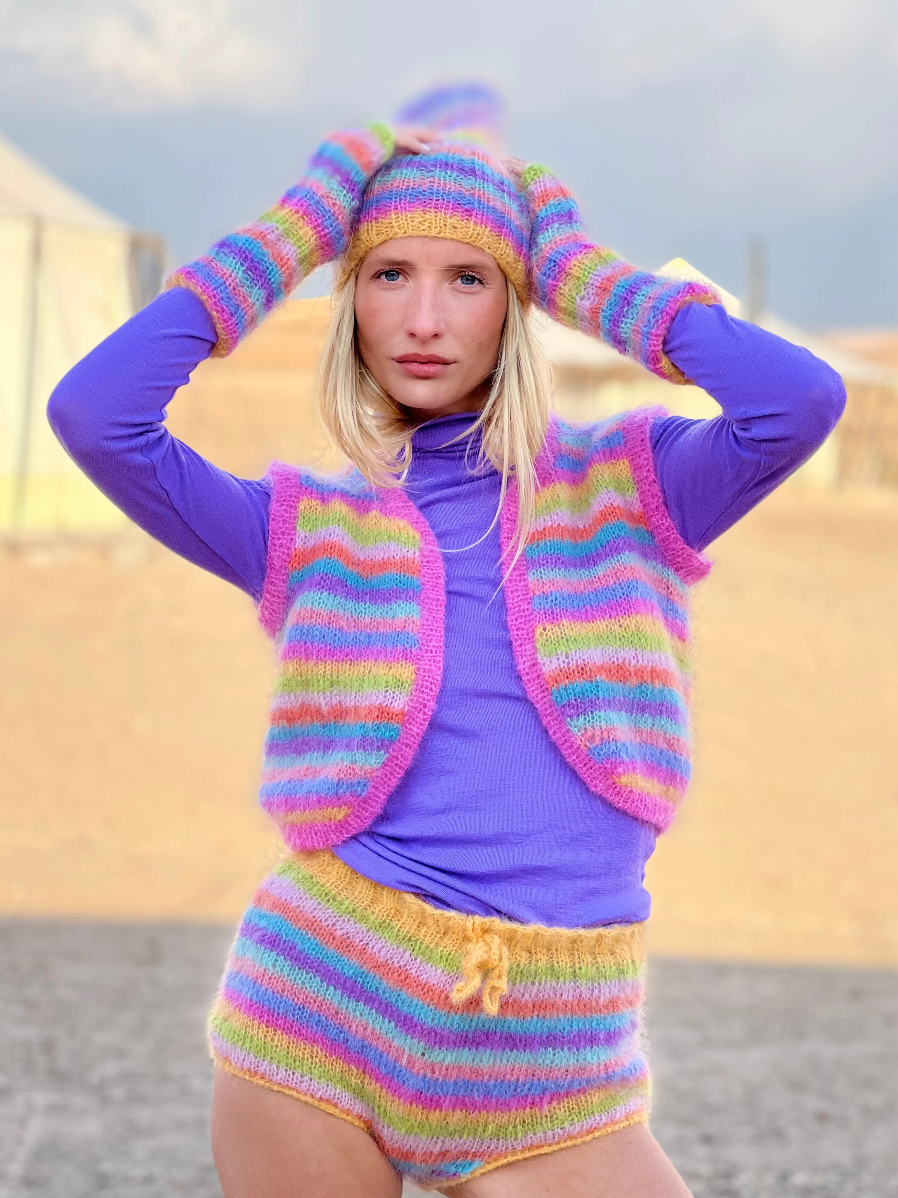 Rose Carmine Accessories-HAT & MITTENS MULTISTRIPES PASTELS