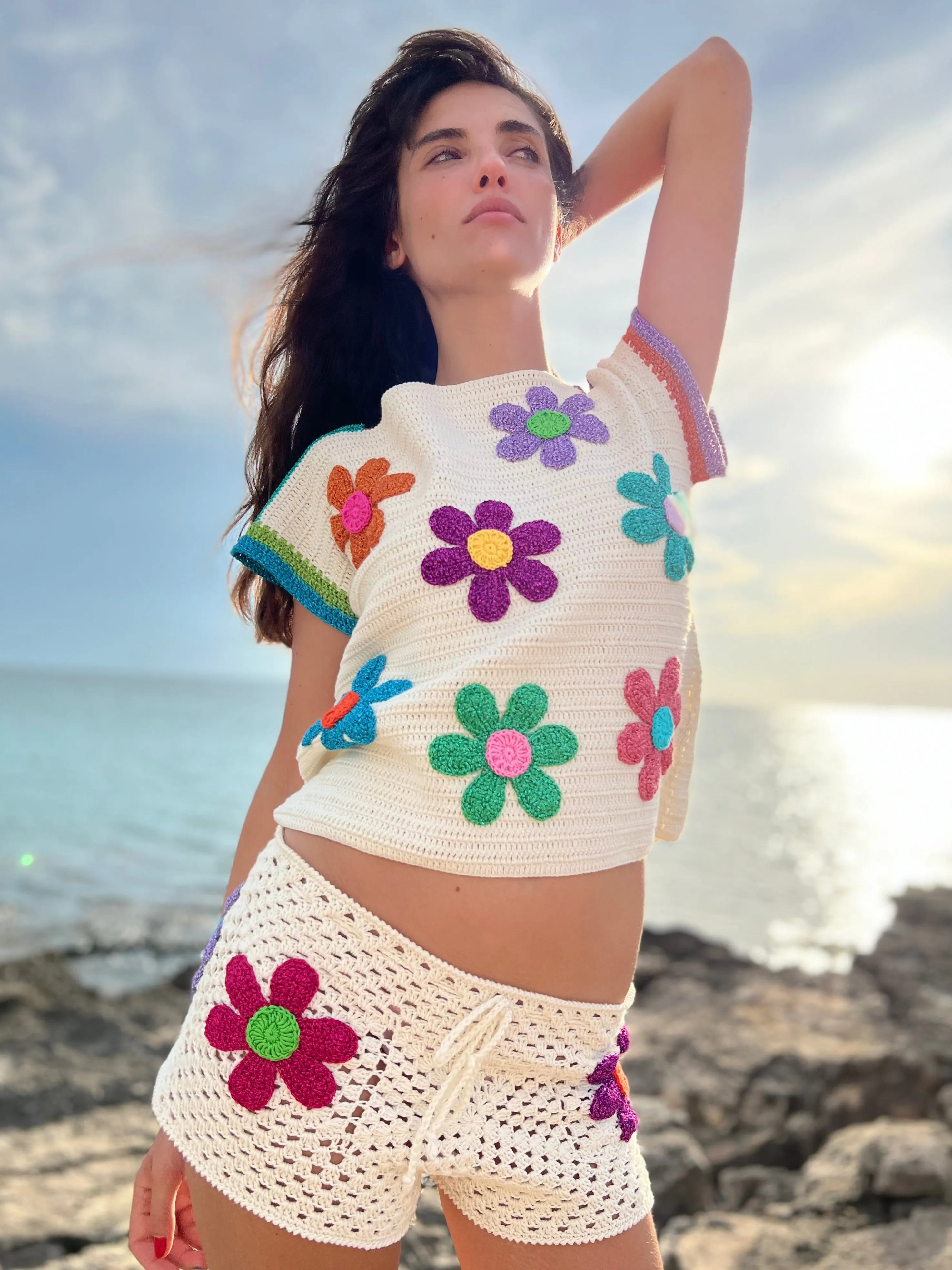 Rose Carmine Tops-TOP FREE FLOWERS ECRU (Spring / Summer)