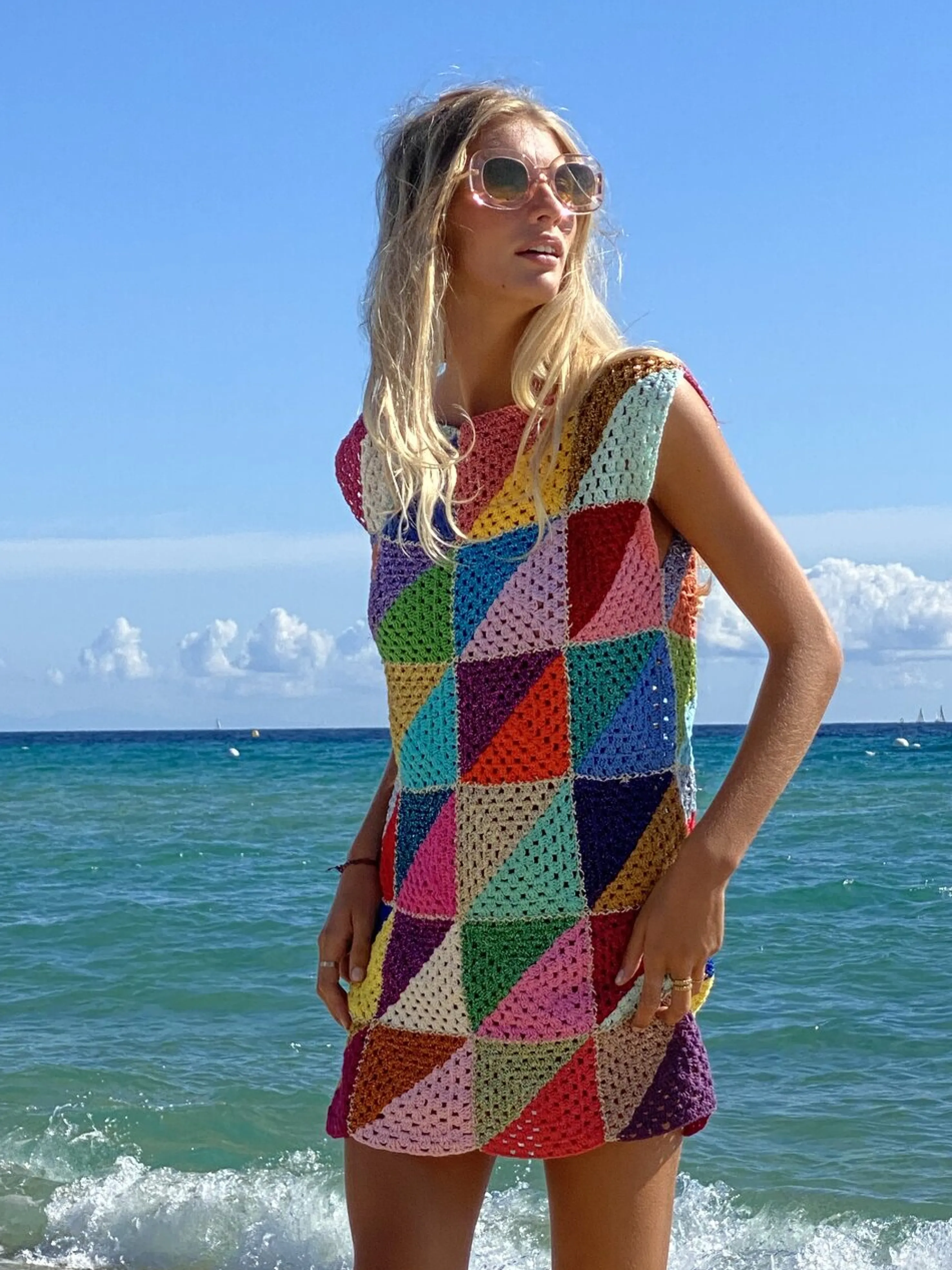 Rose Carmine Iconics|Dresses-MULTICOLOR DIAGONALES SHORT DRESS NO SLEEVES