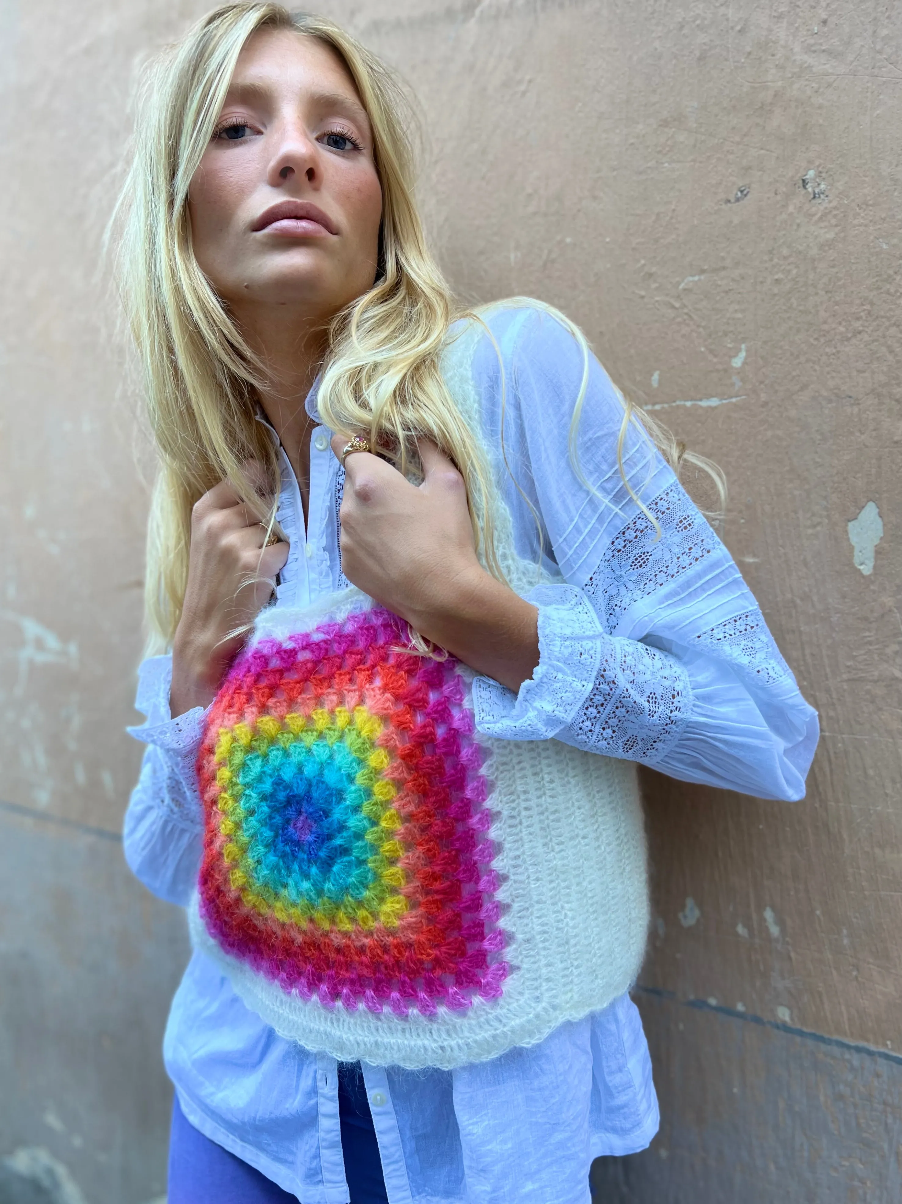 Rose Carmine Tops-STRONG PATCHWORK MOHAIR TOP