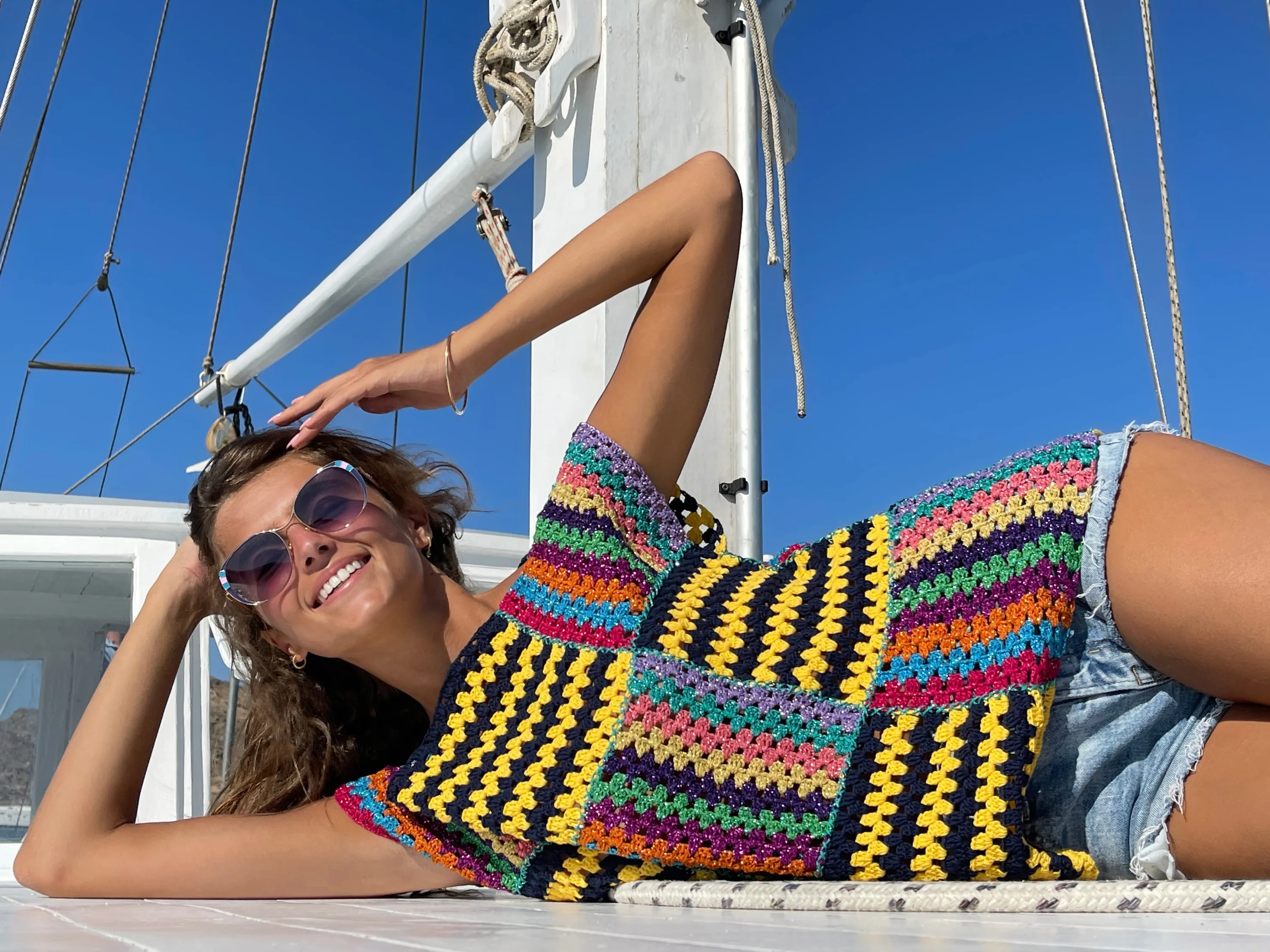 Rose Carmine Tops-NAVY / YELLOW RUBAN TOP