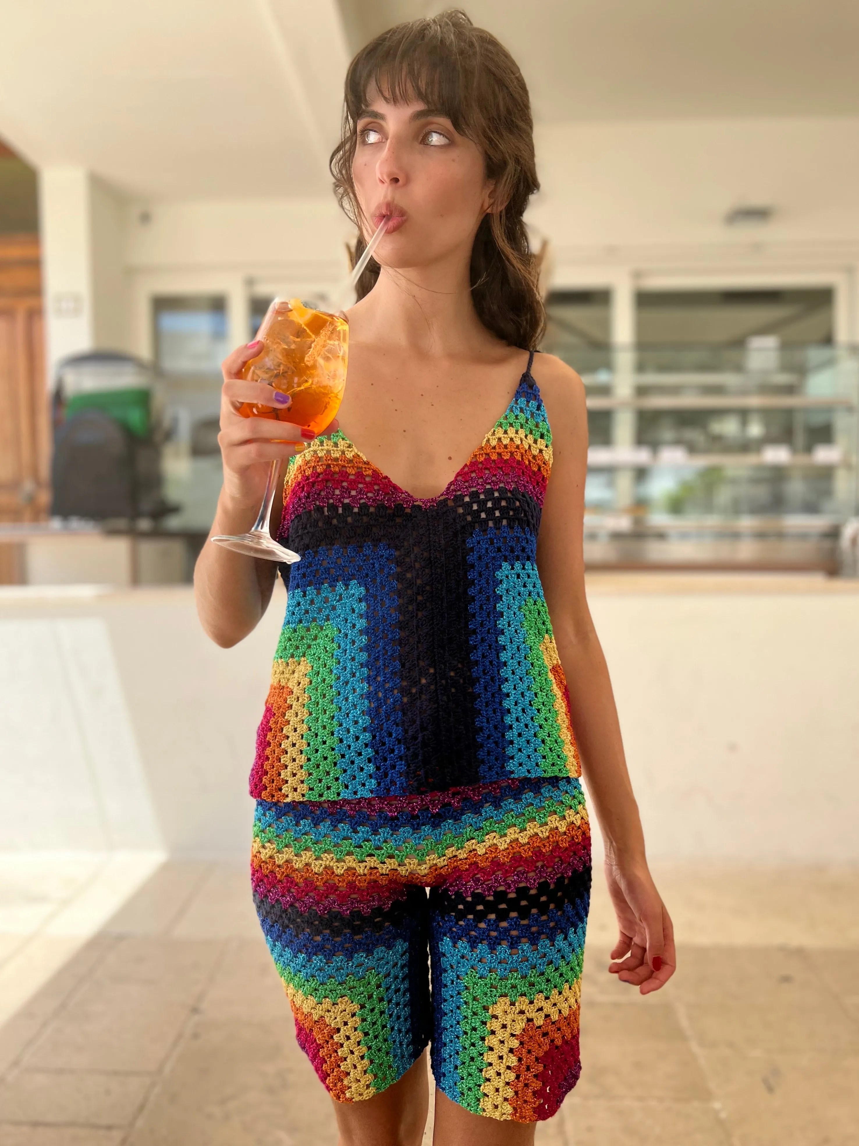 Rose Carmine Tops-NAVY RAINBOW TOP THIN STRAPS