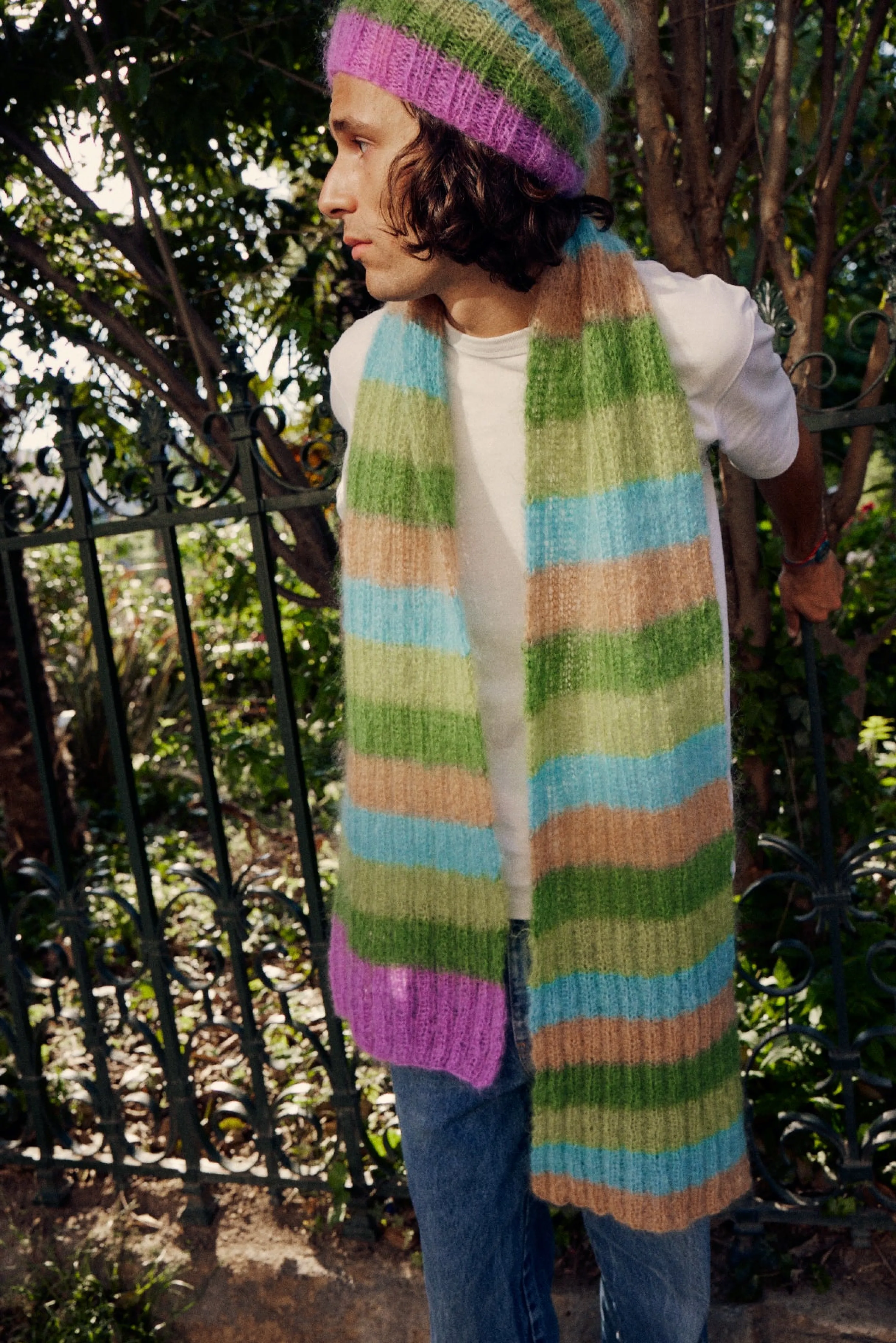 Rose Carmine Accessories-HAT & SCARF STRIPES BEIGE