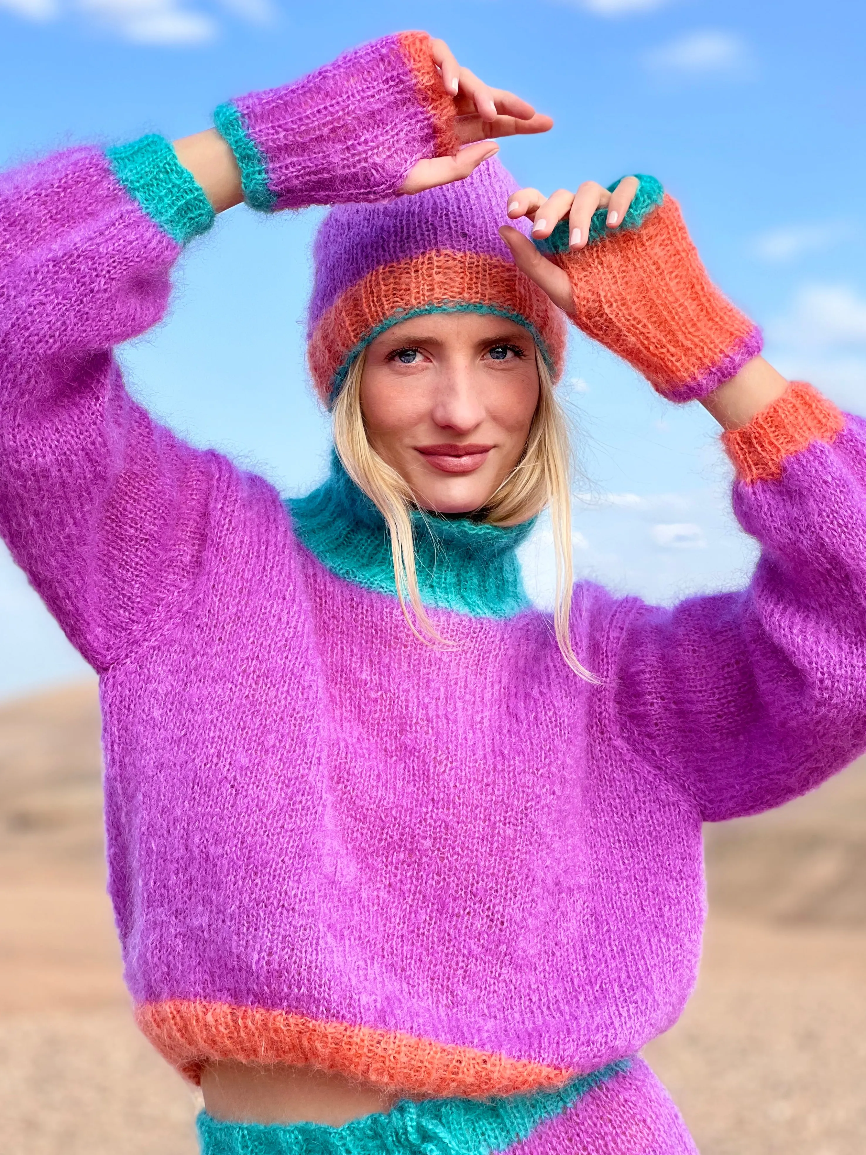 Rose Carmine Accessories-HAT & MITTENS COLORBLOCK LILAS