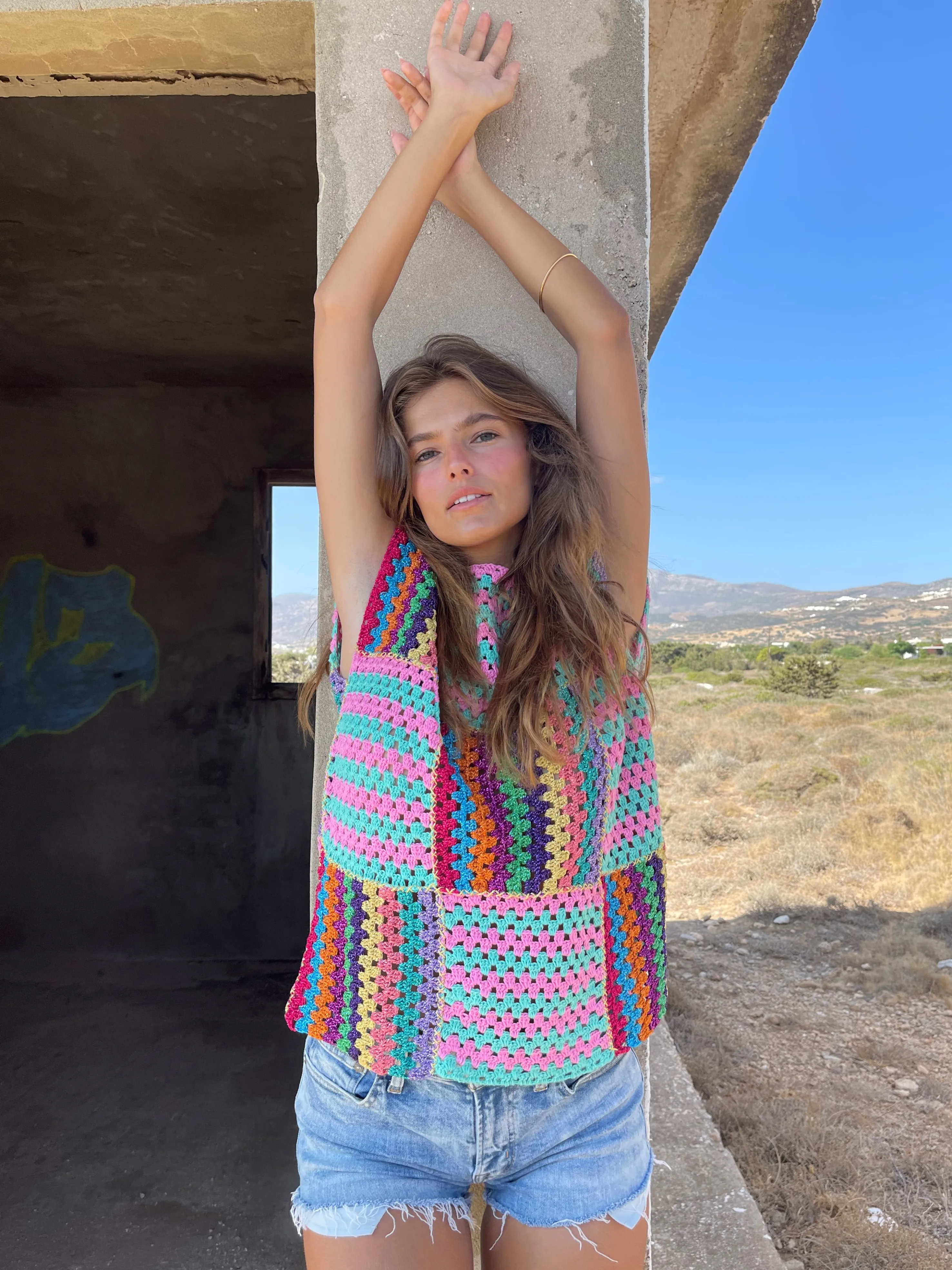 Rose Carmine Tops-PINK / AQUA RUBAN TOP