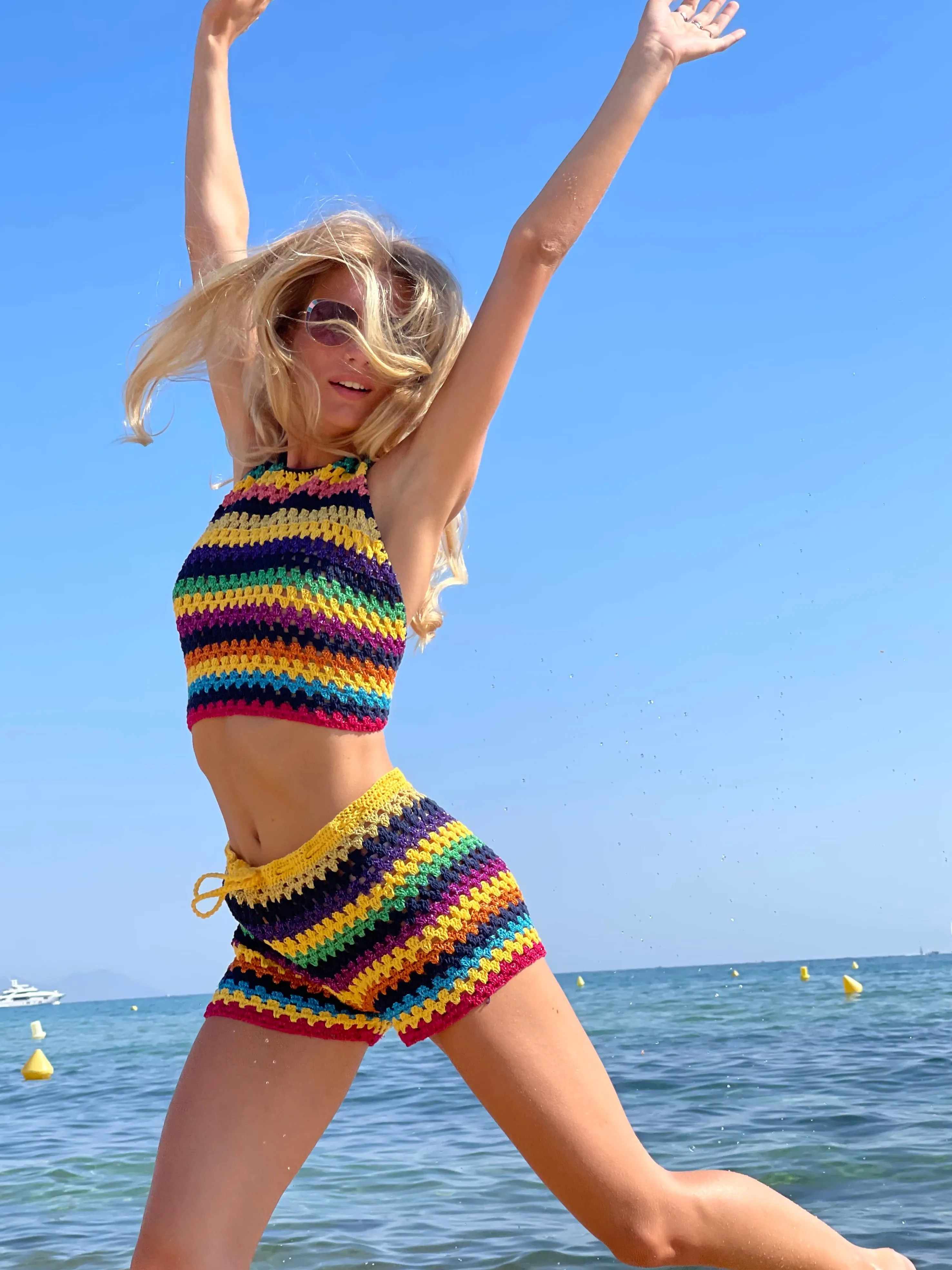 Rose Carmine Tops-NAVY / YELLOW STRIPES HALTER TOP