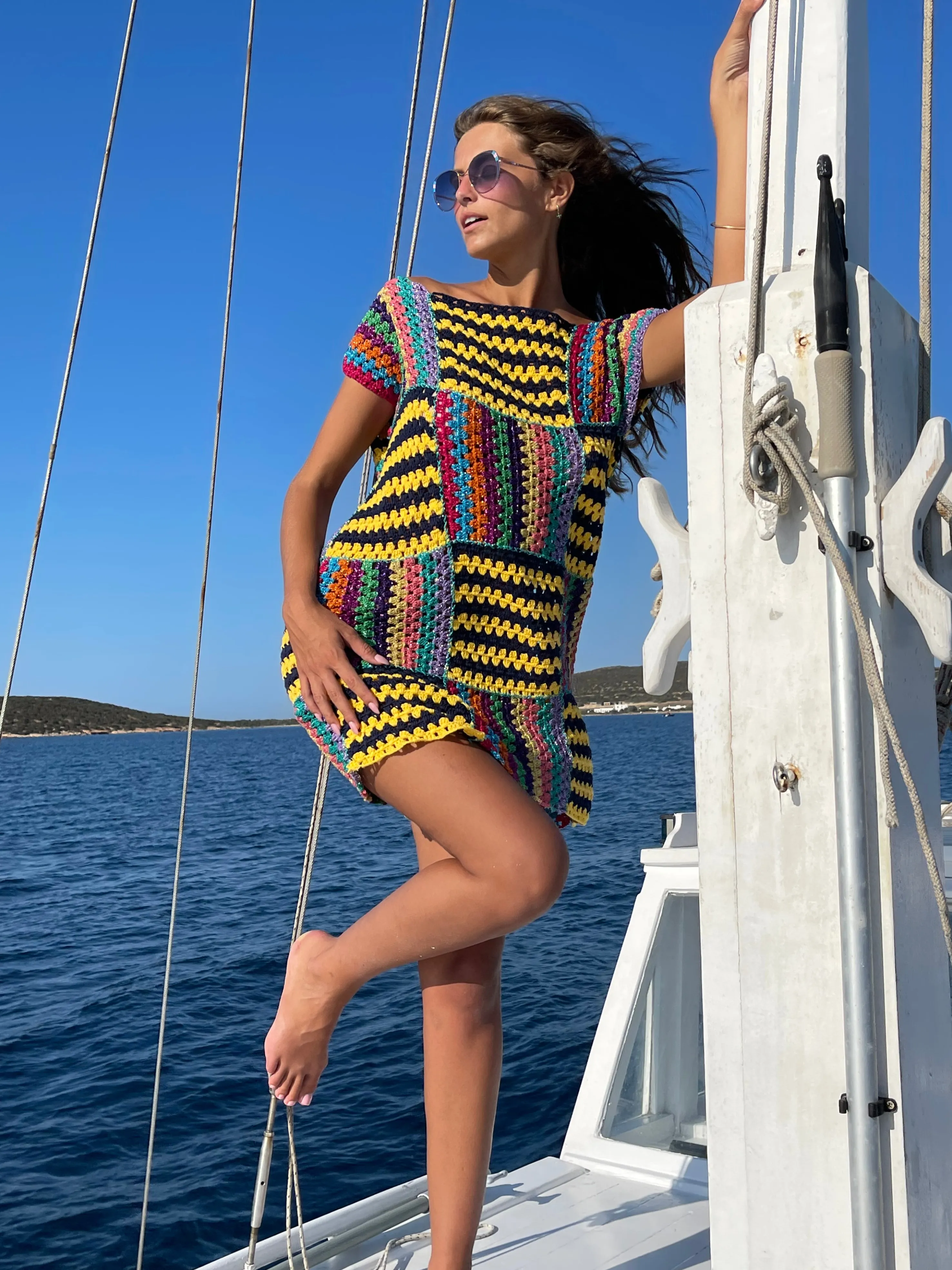 Rose Carmine Dresses-NAVY / YELLOW RUBAN DRESS NO SLEEVES