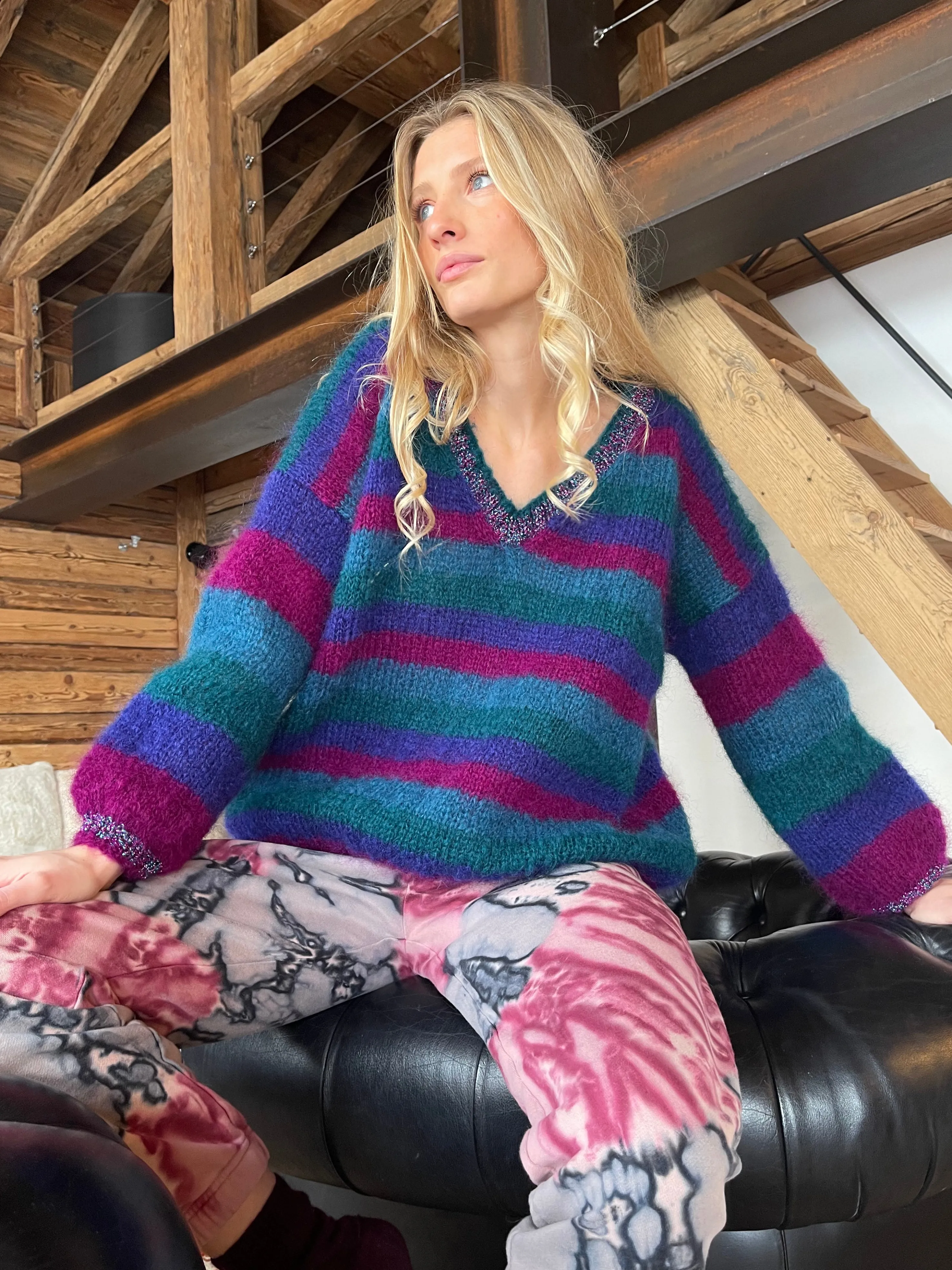 Rose Carmine Sweaters-PRUNE STRIPES SWEATER V-NECK